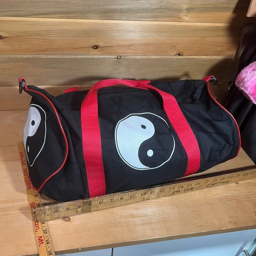 VTG 90s Yin Yang‎ Duffel Bag Black Red Grunge Gym Carry-On Graphic Canvas Travel